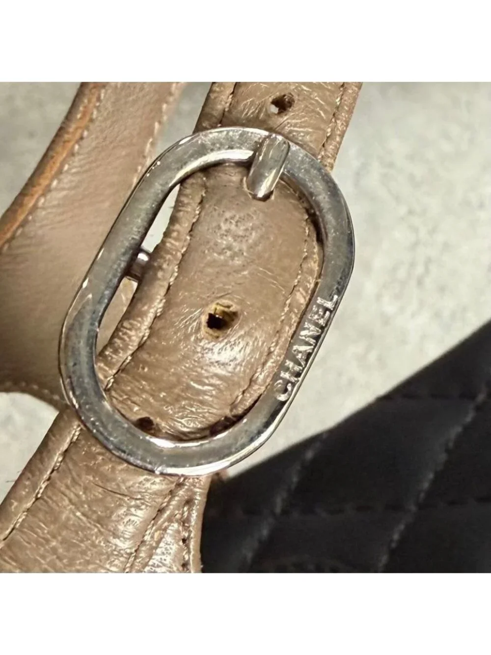 Chanel Thong Sandals Quilted Coco Mark Flat Shoes Black Beige Silver - Picture 9 of 10